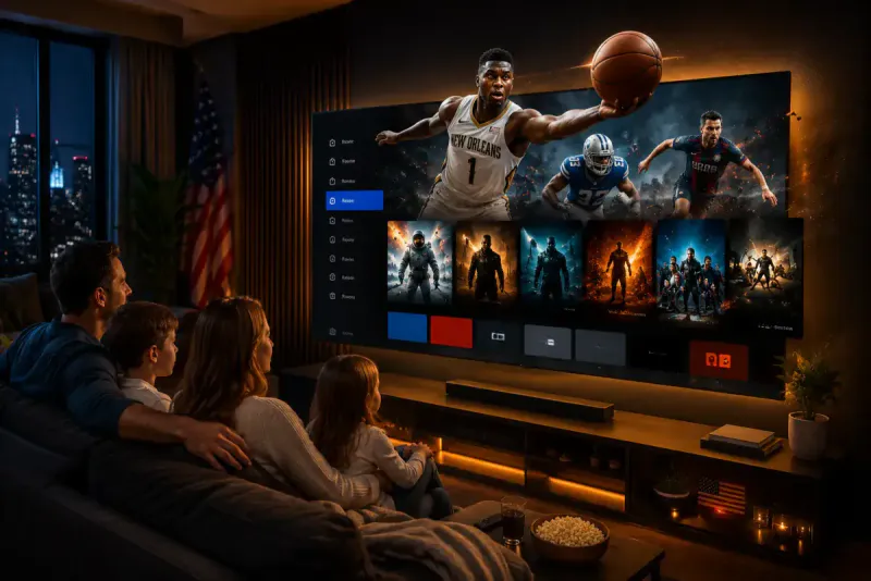 American family watching IPTV USA streaming service with live sports and movies on a large Smart TV